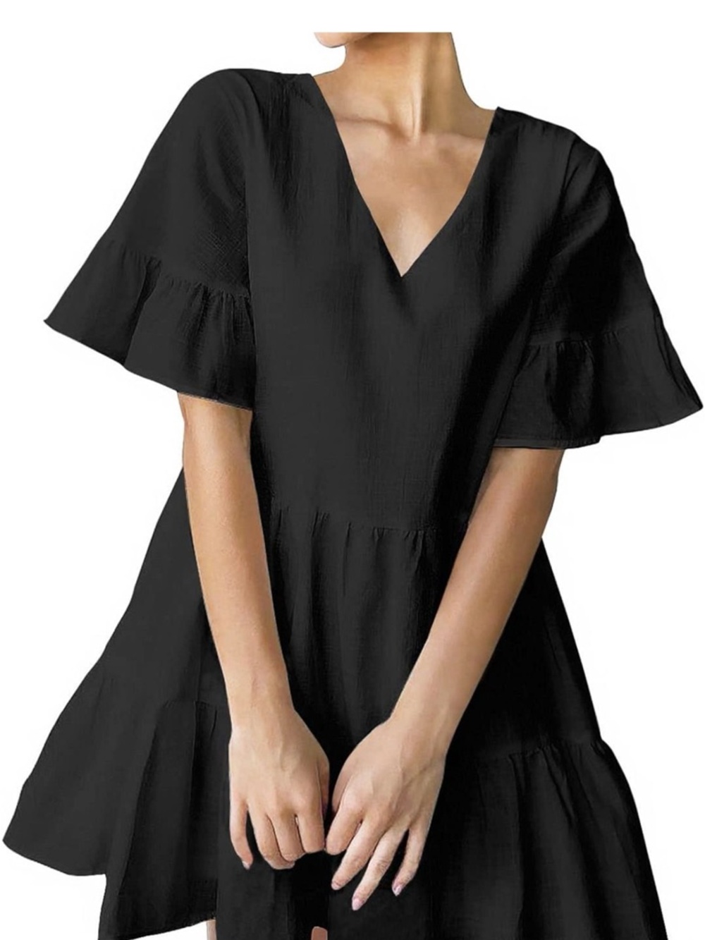 Black Short Sleeve V-Neck Tiered Dress
